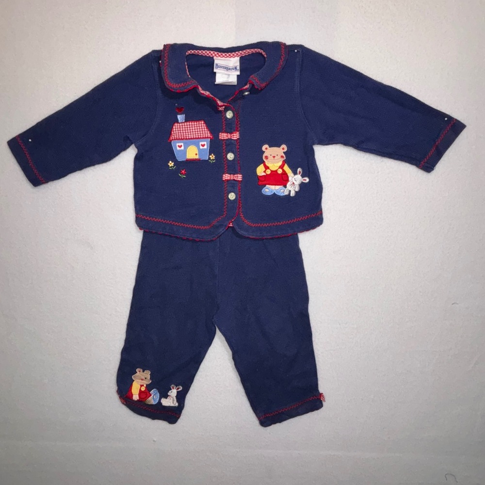 Buster Brown‎ Baby Girls Navy Blue Bear Gingham Embroidered 2 Piece Outfit 24m